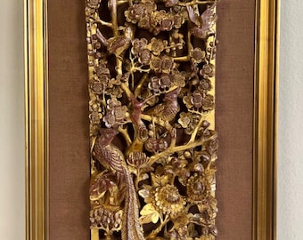 Vintage Carved Wooden Chinese Wall Plaque Panel, Three