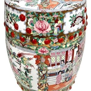 Chinoiserie Famille Rose Medallion Raised Porcelain Garden Stool / Side Table