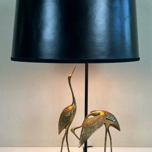 Mid Century Brass Cranes Wooden Base Table Lamp w/ Shade 26"