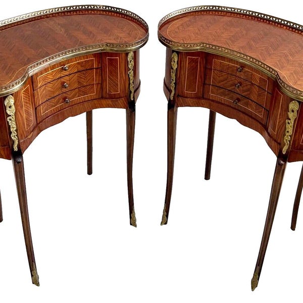 Early 20th-C Louis XV Marquetry Inlaid Kidney Shaped Bed / Side Table, a Pair