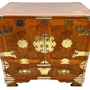 Korean Tansu Style Teak Burl Wood Chest Cabinet