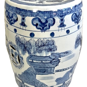Blue and White Chinoiserie Porcelain Hand Painted Garden Seat Stool