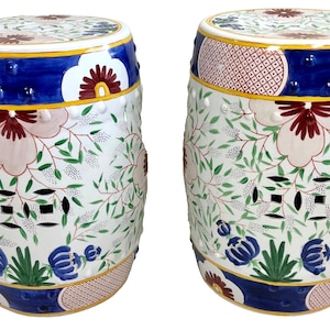 Mid-Century Chinese Porcelain Floral Hand Painted Garden Seat Stool, a Pair
