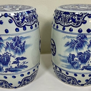 Chinese Blue and White Chinoiserie Heavy Porcelain Garden Seat Stool, a Pair