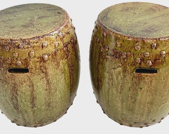 Late 20th-C Chinese Ming Style Glazed Heavy Ceramic Garden Drum Stool, a Pair