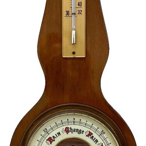 May include: A vintage wooden weather station with a thermometer, barometer, and hygrometer. The thermometer displays Fahrenheit readings. The barometer indicates "Stormy," "Rain," "Change," and "Fair." The hygrometer shows "Relative Hydro."