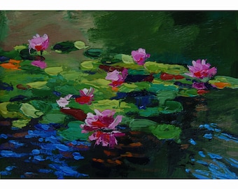 Water Lilies Painting Monet Pond Oil Painting Small Lilies Art Flower Original painting Lotus Artwork Impasto Pond Original Oil Painting