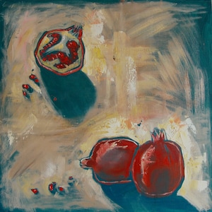May include: A painting of three pomegranates on a textured background. The pomegranates are red and have a dark green stem. The background is a mix of beige, yellow, and blue.