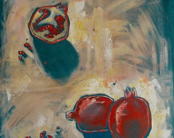 May include: A painting of three pomegranates on a textured background. The pomegranates are red and have a dark green stem. The background is a mix of beige, yellow, and blue.