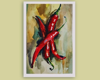 Chili Pepper Original Watercolor Painting, Kitchen Wall Art, Watercolor Small Artwork, Vegetable Watercolor Painting, Food Art, Red Pepper