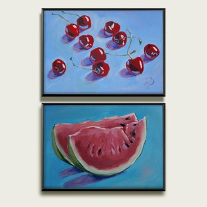 Set of two fruit paintings,Cherry small painting, Watermelon painting, Berries gouache,Fruit diptych,Original Gouache painting,Small gouache