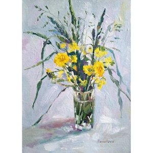 Wildflowers oil painting,Yellow flowers,Bouquet of wild flowers painting,Dandelion bouquet oil painting,Wall Art Gift,Still life Floral ART