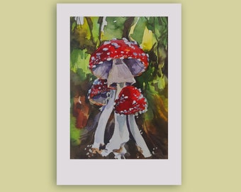 Fliegenpilz Original Aquarellmalerei, Küchenwandkunst, Amanita-Aquarellkunst, Pilze-Aquarellmalerei, Lebensmittelkunst, Fliegenpilzpilz