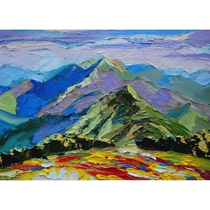Gebirgsgemälde, abstrakte Originallandschaft, Berglandschaftskunstwerk, Wiesengemälde Originalkunst, kleines pastoses Ölgemälde
