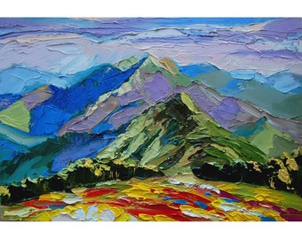 Mountains painting, Abstract Original Landscape, Mountain landscape art work, Meadow Painting Original Art, Small Impasto Oil Painting