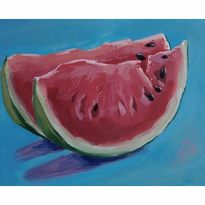 Watermelon still life painting, Watermelon small painting, Berries gouache, Fruits Original Art, Original Gouache painting, Small gouache