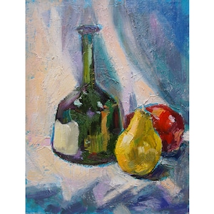 Bodegón con pintura de frutas, pintura al óleo de pera, arte de frutas, pintura de manzana, bodegón de frutas amarillas rojas, arte de pared de cocina