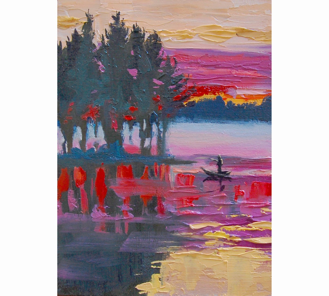 湖の夕日の絵画、オリジナルの夕日の風景、ボート湖の絵画、湖の絵画