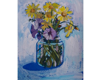 Chamomile Painting,Original Art Miniature,Yellow Floral Artwork,Original Gouache Painting, Floral Gouache, Flowers Gouache Painting