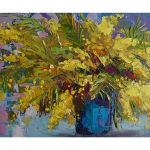 Mimosa flowers painting,Yellow flowers original art,Spring flowers painting,Floral Painting,Room Wall Decor,Still life yellow flowers