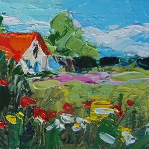 Pintura de paisaje de campo pequeño, pintura de campo de amapola, obra de arte Original al óleo, pradera de verano, pintura Original pequeña, pintura de flores silvestres