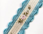 Vintage Turquoise and Cream Brocade Ribbon with Pink Roses and Double Feather Scalloped Edge for Bridal, Millinery or Costuming