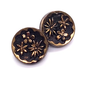 Set of Vintage Floral Patterned Black Moulded Glass Buttons with Gold Lustre 12mm