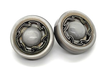 Set of 2 Mid Century Swirly Grey Moulded Plastic Coat Buttons with Inlaid Metal 3cm