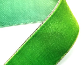 Vintage Bright Green Velvet Rayon Ribbon with Running Stitches Along the Edges to Form Ribbon Rosettes or Ruched Trim Full Bolt 10 yards