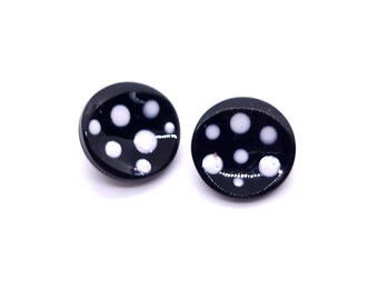 Pair of Vintage Shiny Black with White Lampwork Polka Dots Moulded Glass Buttons 12mm