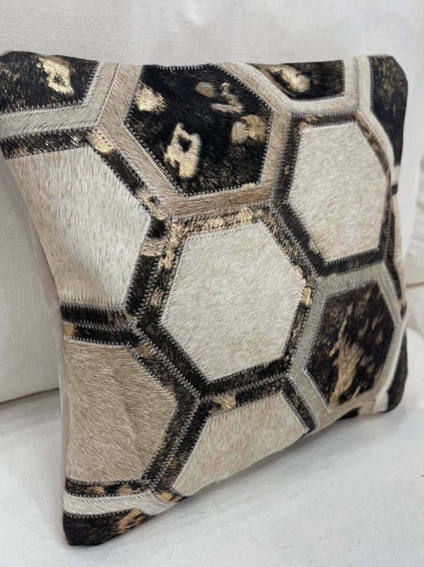 Hexagon Gold Metallic Cowhide Pillow Handmade in Argentina