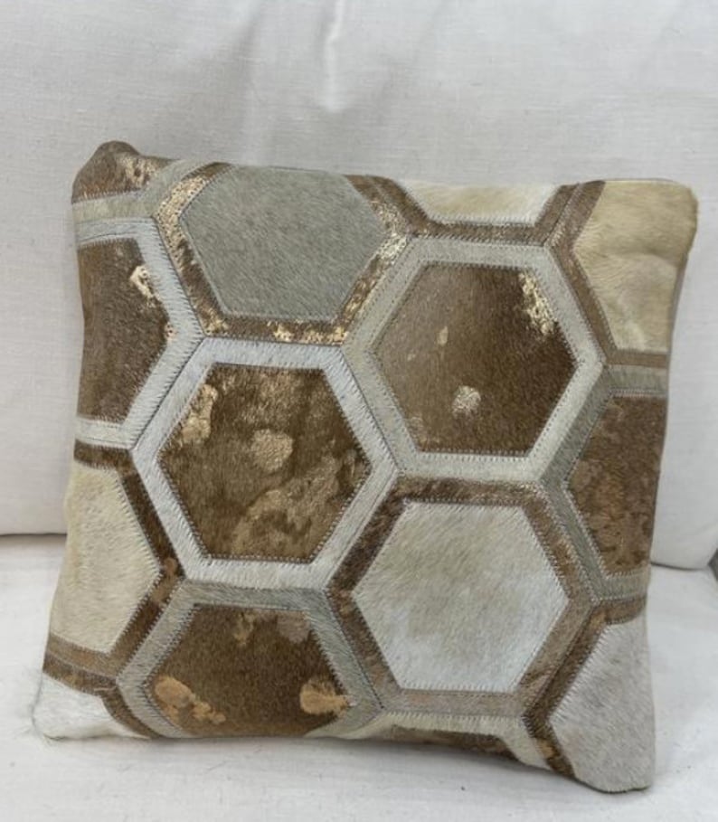 Hexagon Gold Metallic Cowhide Pillow Handmade in Argentina