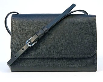 Unisex Crossbody/Shoulder Travel Wallet in Black Leather Teal/Purple/Black/Blue Suede Interior