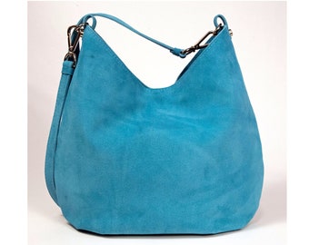 Women's Icy Blue Calf Suede Hobo Crossbody or Shoulder Bag