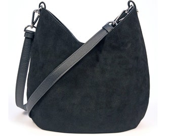 Bolso bandolera o de hombro tipo hobo de ante negro para mujer con forro de algodón estampado