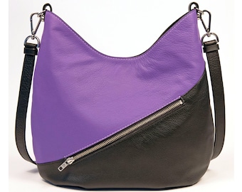 Women's Crossbody Hobo Bag in Black/Purple Leather