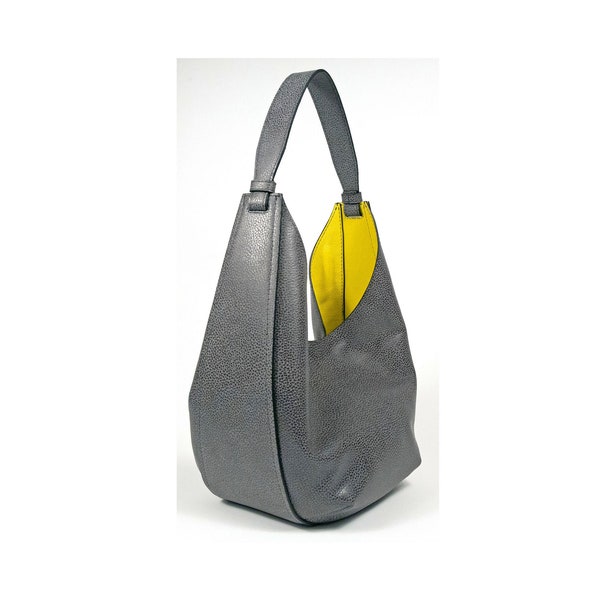 Women's Gray/Yellow Leather Hobo Shoulder Bag