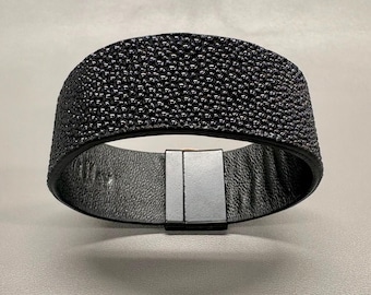 Pulsera de auténtica piel de raya negra (shagreen) de 2,5 cm (1 pulgada)