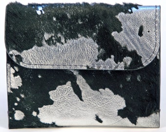 Women&#39;s Black/Silver Acid Washed Hair-on Calfskin Leather Wallet, Small