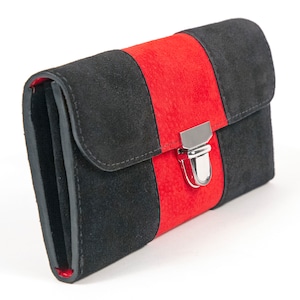 Cartera de mano para mujer en ante negro y rojo