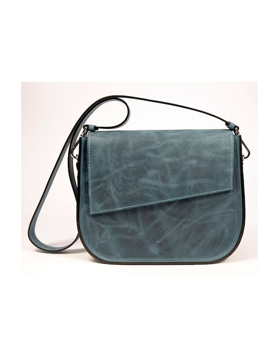 Women's Crossbody/Shoulder Saddle Bag in Blue Leather, Turquoise Suede Lining