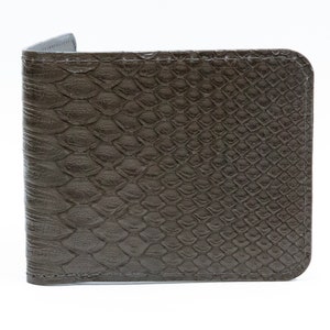 May include: A dark gray leather wallet with a snakeskin pattern.