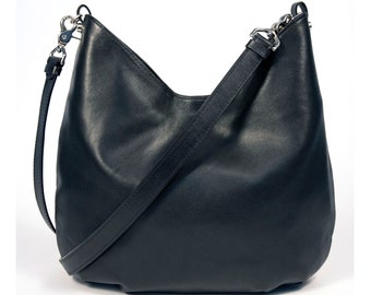 Black Lambskin Hobo Crossbody or Shoulder Bag W/ Printed Lining