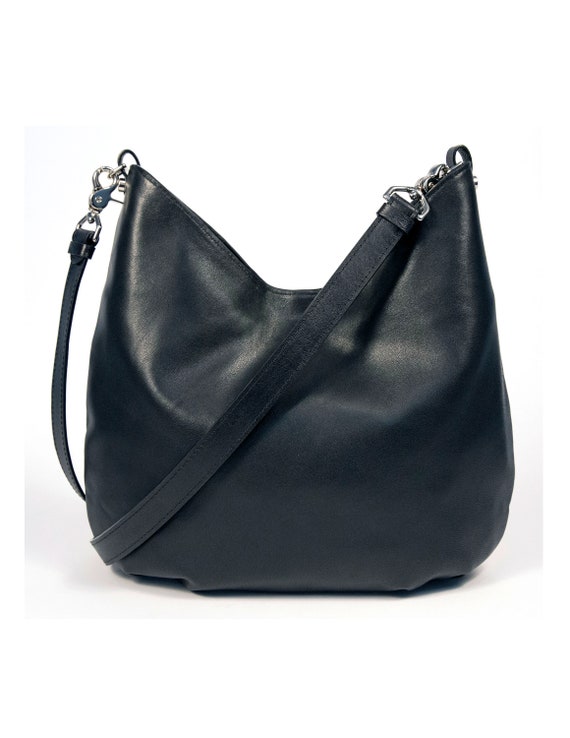 Large hobo bag, Shiny crumpled lambskin & gold-tone metal, black — Fashion