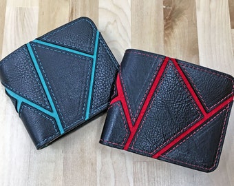 Men's Bifold Patchwork Wallet in Black Calfskin and Red/Teal Suede