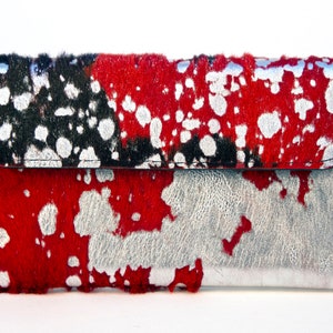 Cartera de piel de becerro lavada con ácido en rojo, naranja, plata y negro para mujer, grande