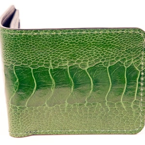 Cartera plegable para hombre en piel de avestruz verde brillante