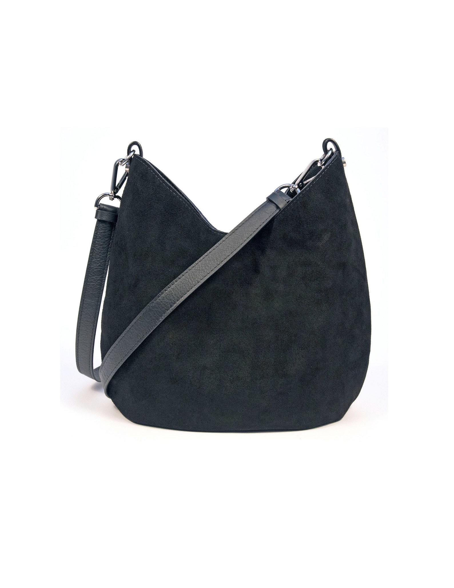 Women's Black Suede Hobo Crossbody or Shoulder Bag W/ Printed Cotton
