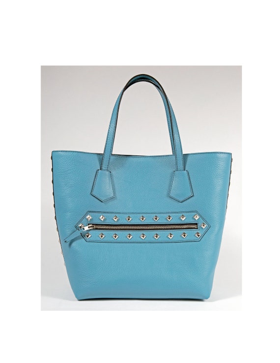 light blue leather tote