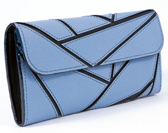 Women&#39;s Patchwork Clutch Wallet in Blue Leather